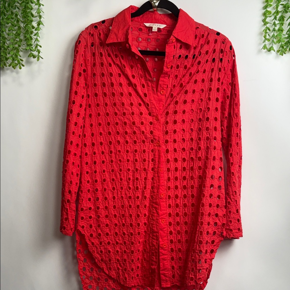 Adiva Vibrant Red Eyelet Button Down Shirt - Cotton